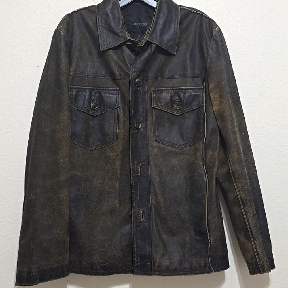 MEN'S Express Brown “rugged” leather‎ jacket/shirt size small.